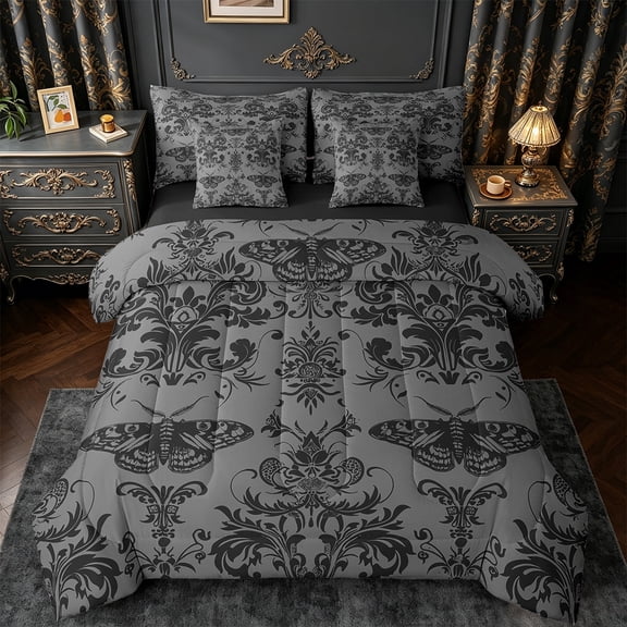Manfei Damask Floral Twin Bedding Sets 7pcs,Gothic Flower Bedding Comforter Set 7pcs,Wild Insect Moth Sheet Sets,Breathable Bedroom Decorative Reversible