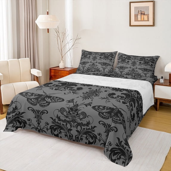 Manfei Damask Floral Twin Sheet Sets,Gothic Flower Twin Fitted Sheet,Wild Insect Moth Flat Sheet,Breathable Bedroom Decorative,3pcs
