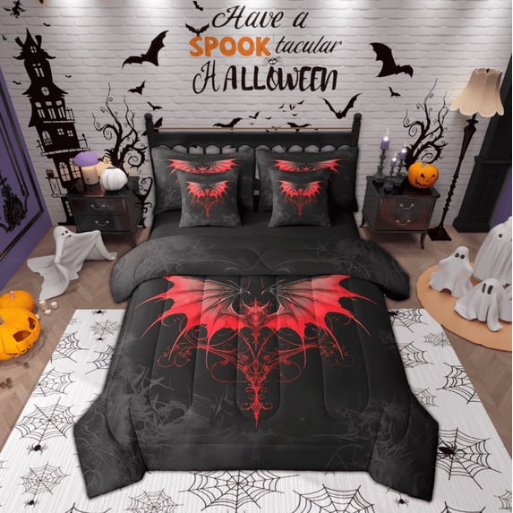Manfei Damask Flower Bedding Comforter Set 7pcs,Gothic Theme Queen Bedding Sets,Red Black Queen Sheet Sets,Lightweight Bedroom Decoration Reversible