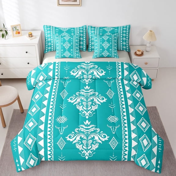 Feelyou Damask Flower Print Twin Bedding Sets 7-Piece, Aztec Geometric Bedding Comforter Set, Bohomian Style Sheet Sets, Breathable Bedroom Decorative