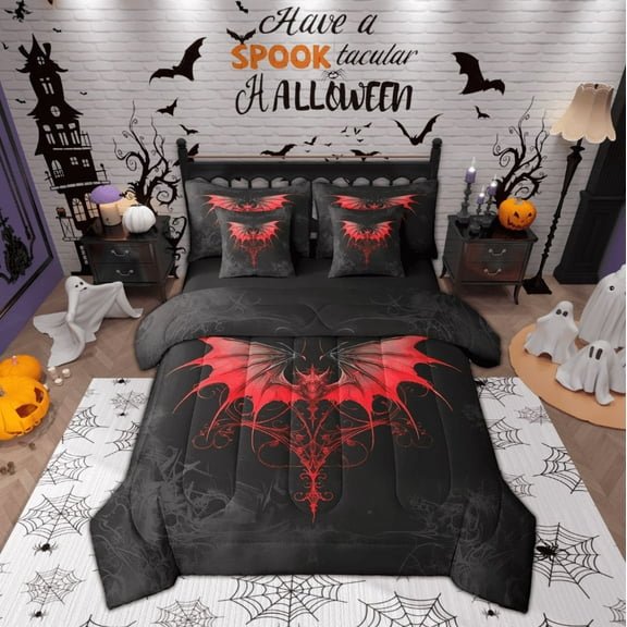 Manfei Damask Flower Twin Bedding Sets 7-Piece,Gothic Theme Bedding Comforter Set 7-Piece,Red Black Sheet Sets,Lightweight Bedroom Decoration Reversible