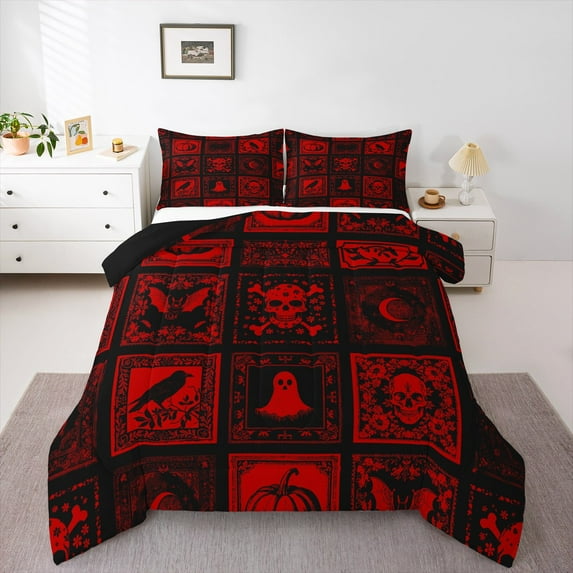 Manfei Damask Print Full Size Comforter Sets,Gothic Skeleton Bats Bedding Comforter Set,Red Black Bedding Sets,Microfiber Bedroom Decor Reversible,3 Pieces
