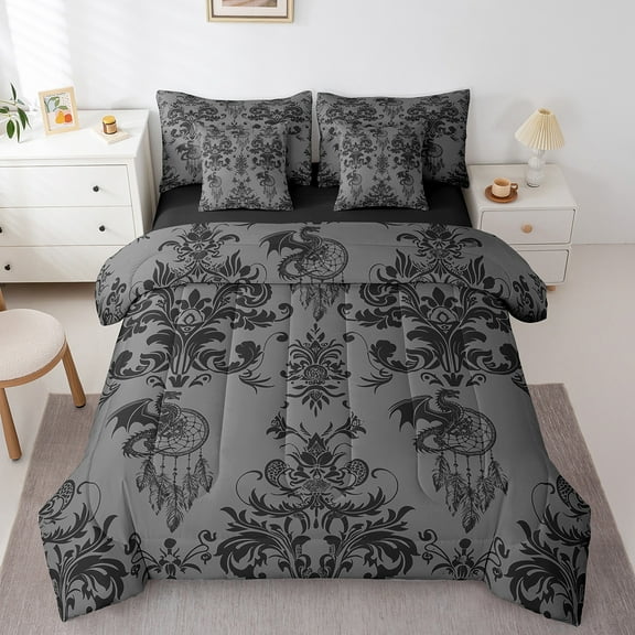 Manfei Damask Twin Bedding Sets 7-Piece,Gothic Flower Bedding Comforter Set 7-Piece,Gray Dragon Dreamcatcher Sheet Sets,Breathable Bedroom Decorative Reversible