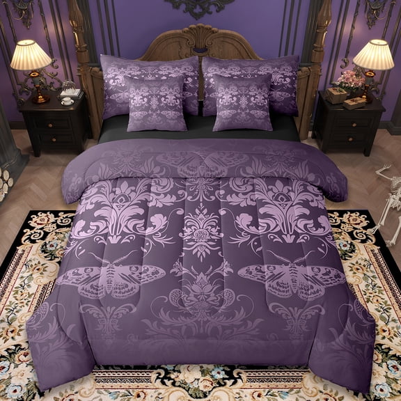 Manfei Damask Twin Bedding Sets 7pcs,Gothic Flower Bedding Comforter Set 7pcs,Cartoon Insect Moth Sheet Sets,Breathable Bedroom Decorative Reversible