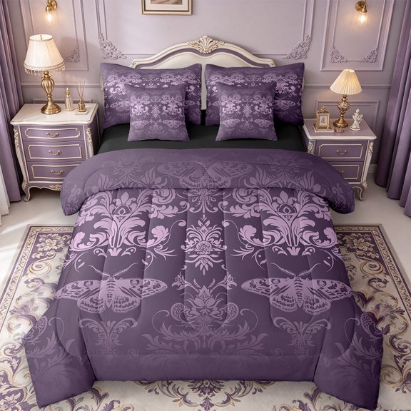 Manfei Damask Twin Bedding Sets 7pcs,Gothic Flower Bedding Comforter Set 7pcs,Cartoon Insect Moth Sheet Sets,Breathable Bedroom Decorative Reversible