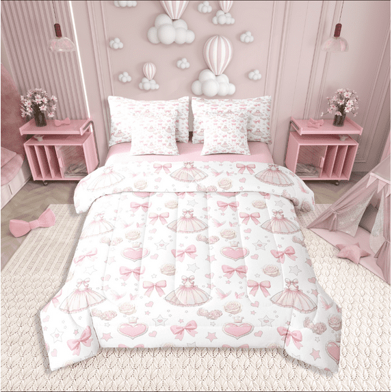 Manfei Dance Ballet 7-Piece Bedding Comforter Set,Bow Butterfly King Bedding Sets,Love Heart Ultra Soft Bed Sheets,Lightweight Girls Bedroom Decor,Reversible