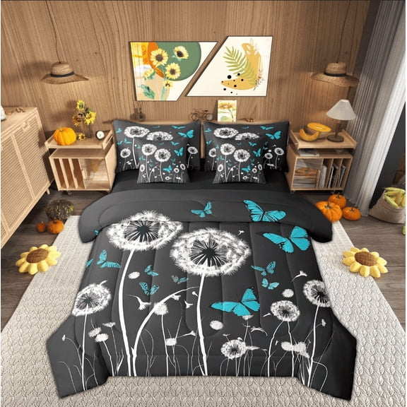 Manfei Dandelion Flower Bedding King Size, Cartoon Butterfly Bed Set, Spring Plant Reversible Bedding Sets King Size, Breathable Room Decorative, 7pcs