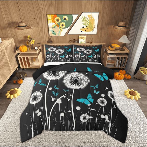 Manfei Dandelion Flower Comforter Sets Twin Size, Cartoon Butterfly Down Comforter, Spring Plant Reversible Bedding Twin Comforter Set, Breathable Room Decorative, 2pcs