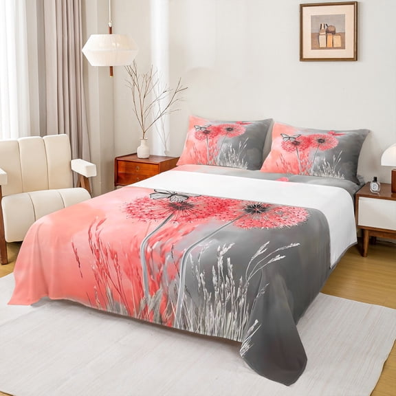 Manfei Dandelion Flower Floral Bed Sheets, Rustic Buuterfly King Sheets, Red Grey Botanical Sheet Set, Lightweight Room Decor, 4pcs
