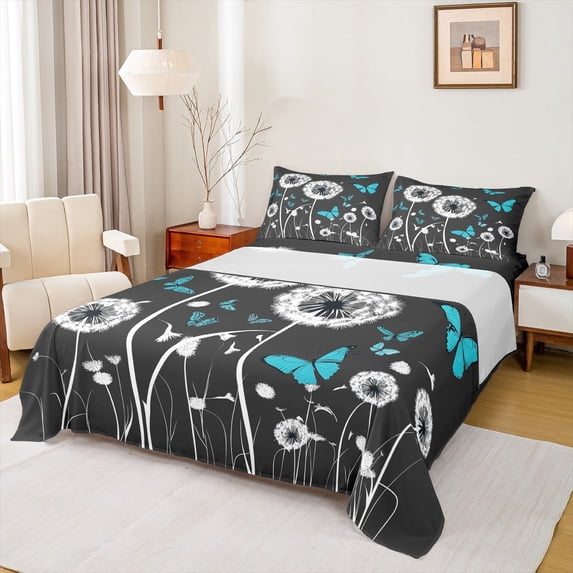 Manfei Dandelion Flower Full Sheet Sets, Cartoon Butterfly Bed Sheets Full, Spring Plant Bedding Sets Full Size, Breathable Room Decorative, 4pcs