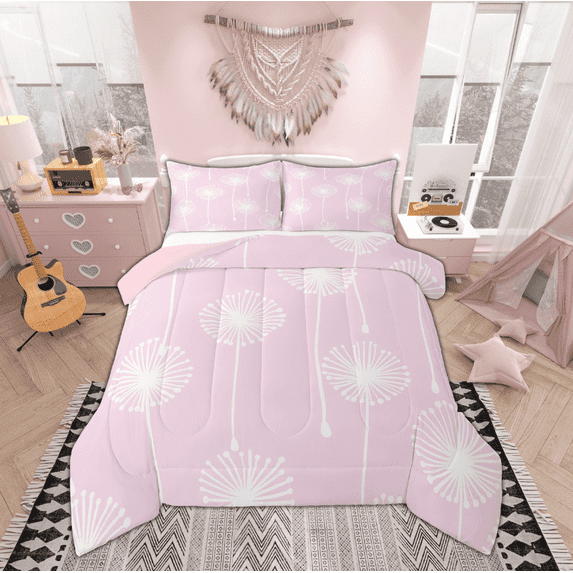 Manfei Dandelion Print Bedding Comforter Set for Kids, Dreamy Plant Botanical Twin Comforter Sets, Princess Pink Style Reversible Bedding Set, Super Cozy Room Decor, 2-Piece