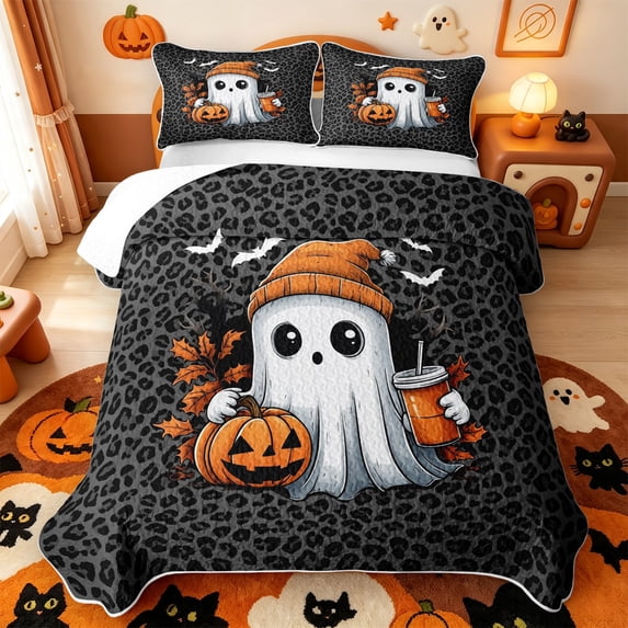 Manfei Dark Aesthetic Halloween Ghost Quilt Full,Black Cheetah Print Full Bedspread Sets,3pcs,1 Coverlet and 2 Pillowcases