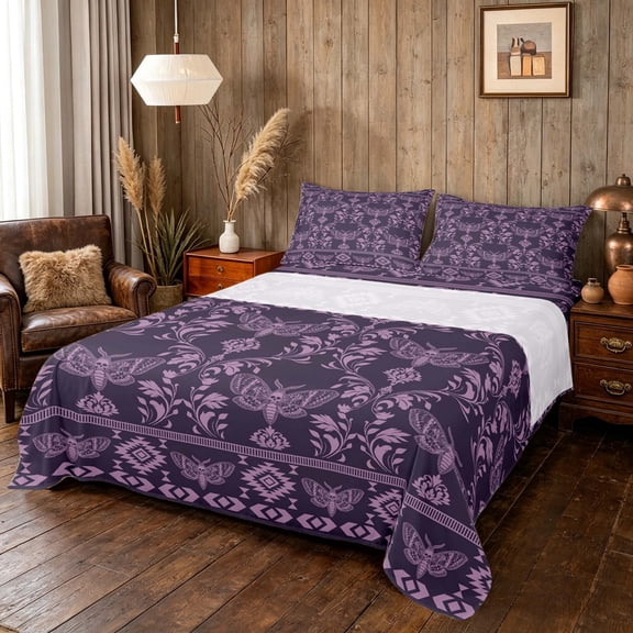 Manfei Dark Witchy Moth Damask Bed Sheets, Aztec Tribal Floral Fuul Size Sheets, Purple Dark Purple, Black Reversible 4pcs1 Flat Sheet + 1 Fitted Sheet + 2 Pillowcases