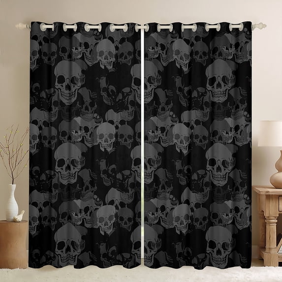 Manfei Death Skeleton Black Out Curtains, Gothic Sugar Skull Curtains Pack of 2 (42x63 Each), Black Gray Halloween Bedroom Curtains, Super Cozy Bedroom Decor