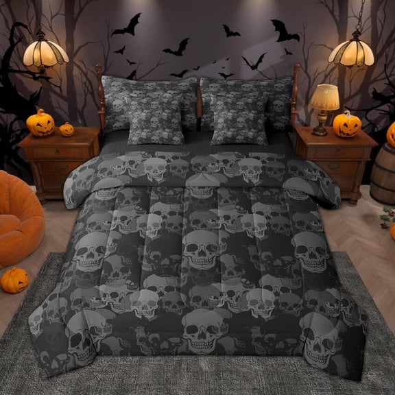 Manfei Death Skeleton Twin Bedding Sets 7-Piece, Gothic Sugar Skull Bedding Comforter Set, Black Gray Halloween Sheet Sets, Super Cozy Bedroom Decor