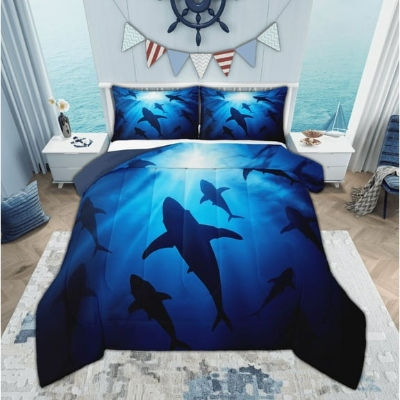 Manfei Deep Ocean Shark Bedding Comforter Set, Big Sea Fish Twin Comforter Sets, Tropical Marine Coastal Bedding Set, Lightweight Room Decor, 2pcs Reversible