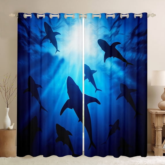 Manfei Deep Ocean Shark Blackout Curtains Set of 2 (52x84 Each), Big Sea Fish Window Curtains, Tropical Marine Coastal Curtains and Drapes, Luxurious Room Decor