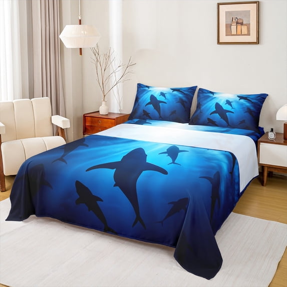 Manfei Deep Ocean Shark Full Size Sheets, Big Sea Fish Bed Sheets, Tropical Marine Coastal Sheet Sets, Lightweight Room Decor 4-Piece