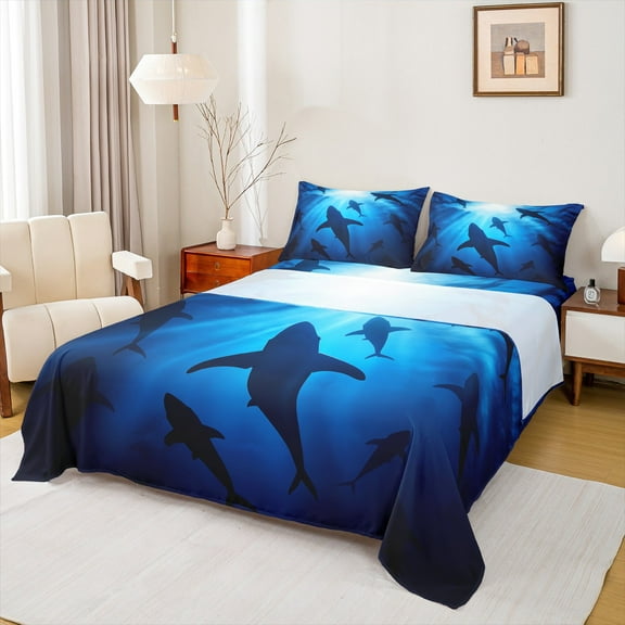 Manfei Deep Ocean Shark Queen Sheet Sets, Big Sea Fish Flat Sheet, Tropical Marine Coastal Queen Fitted Sheet, Lightweight Room Decor4 Pieces