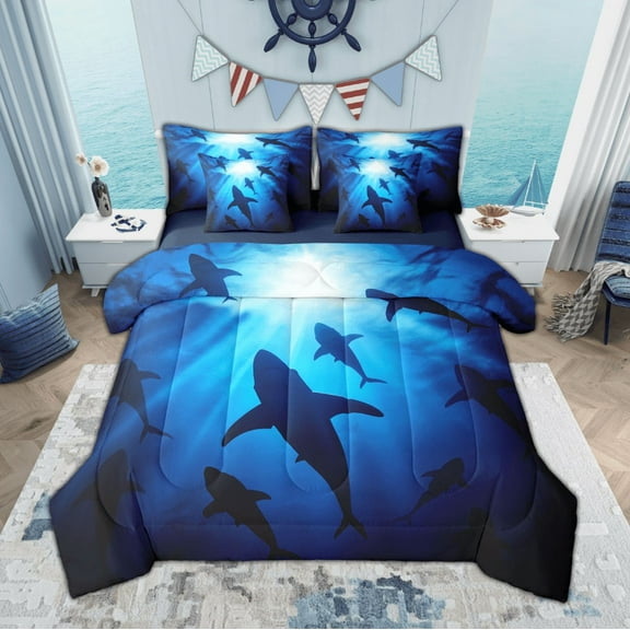 Manfei Deep Ocean Shark Twin Bedding Sets, Big Sea Fish Bedding Comforter Set, Tropical Marine Coastal Sheet Sets, Lightweight Room Decor Reversible 7 Pieces