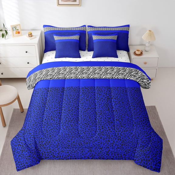 Manfei Deepblue Leopard Print 7-Piece Bedding Comforter Set,Woodland Animal King Bedding Sets,Kids Cheetah Pattern Bed Sheets For Children,Microfiber Bedroom Decor