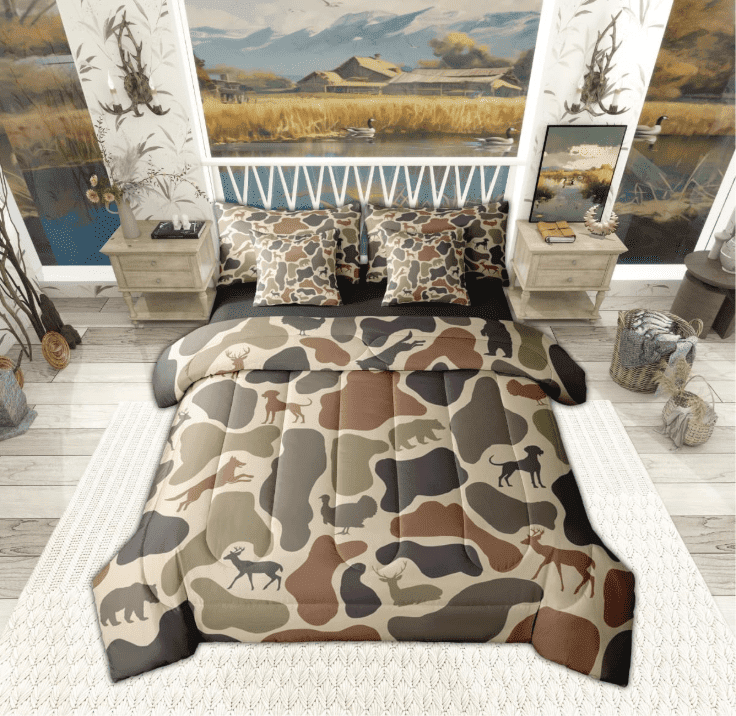 Manfei Deer Bear Camo 7pcs Queen Bedding Set - Brown Vintage Hunting Animal Style
