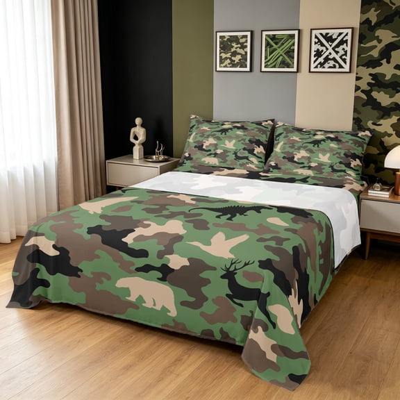 Manfei Deer Bear Duck Bed Sheets, Vintage Camo Animal Full Size Sheets, Camo Multi, 4pcs, 1 Flat Sheet, 1 Fitted Sheet and 2 Pillowcases