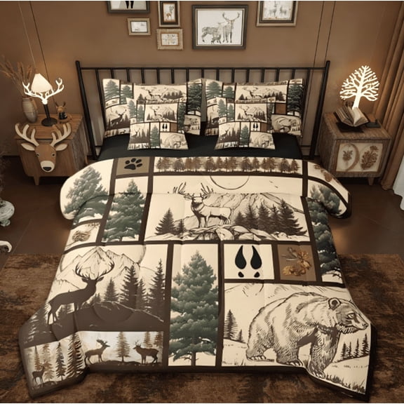 Manfei Deer Bear Moose 7pcs Bedding Comforter Set,Wild Animal Rustic Cabin Country Tree Mountain Queen Bedding Sets Reversible