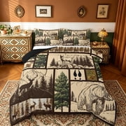 Manfei Deer Bear Moose Full Size Comforter Sets, Wild Animal Rustic Cabin Country Tree Mountain Bedding Sets Reversible 3pcs