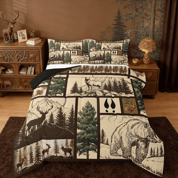 Manfei Deer Bear Moose Queen Comforter Set, Wild Animal Rustic Cabin Country Tree Mountain Bedding Comforter Set Reversible 3-Piece