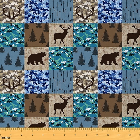 Manfei Deer Elk Bear Sewing & Crafting Fabric (3 Yards), Teal Blue Camouflage Home Decor Fabric by the Yard, Geometric Check Buffalo DIY Fabric