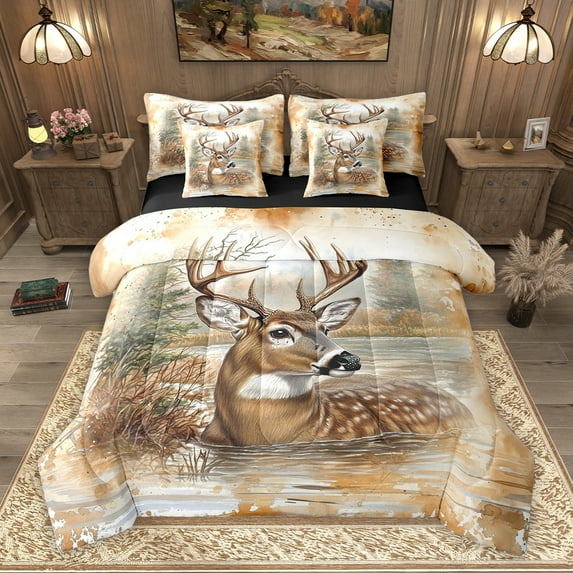Homewish Deer Moose Animal Bedding Comforter Set 7 Pieces for Adult, Rustic Jungle Wildlife Full Bedding Set, Artwork Watercolor Reversible Fitted Sheet Flat Sheet, Breathable Home Decor