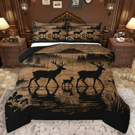 Manfei Deer Moose Family Bedding Comforter Set, Brown Rustic Cabin Twin Comforter Sets, Woodland Animal Wildlife Reversible Bedding Set, Ultra Soft Bedroom Decor, 2pcs