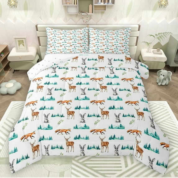 Manfei Deer Rabbit Fox Full Size Comforter Sets,Jungle Wildlife Bedding Comforter Set,White Cyan Brown Bedding Sets For Kids,Breathable Home Decor Reversible,3-Piece