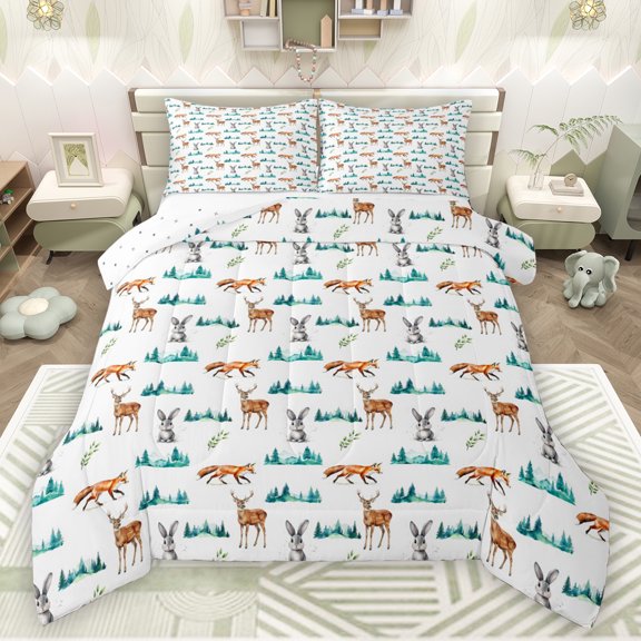 Manfei Deer Rabbit Fox Queen Comforter Set,Jungle Wildlife Bedding Sets,White Cyan Brown Bedding Comforter Set For Kids,Breathable Home Decor Reversible,3 Pieces