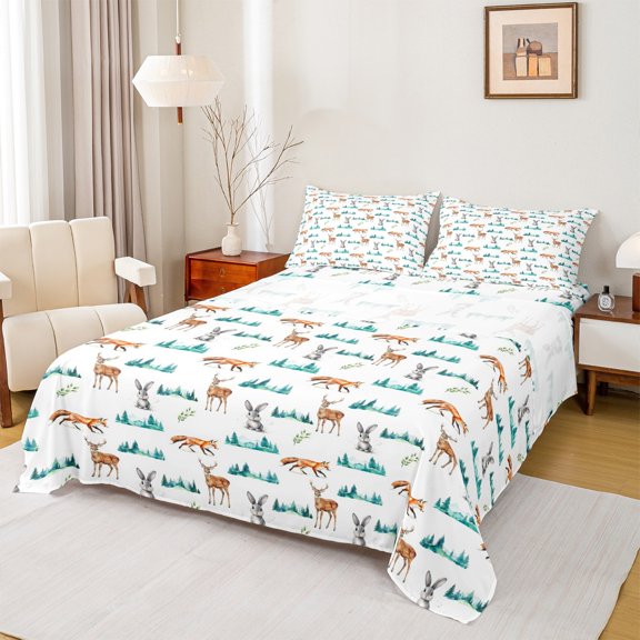 Manfei Deer Rabbit Fox Twin Sheet Sets,Jungle Wildlife Twin Fitted Sheet,White Cyan Brown Flat Sheet For Kids,Breathable Home Decor,3pcs