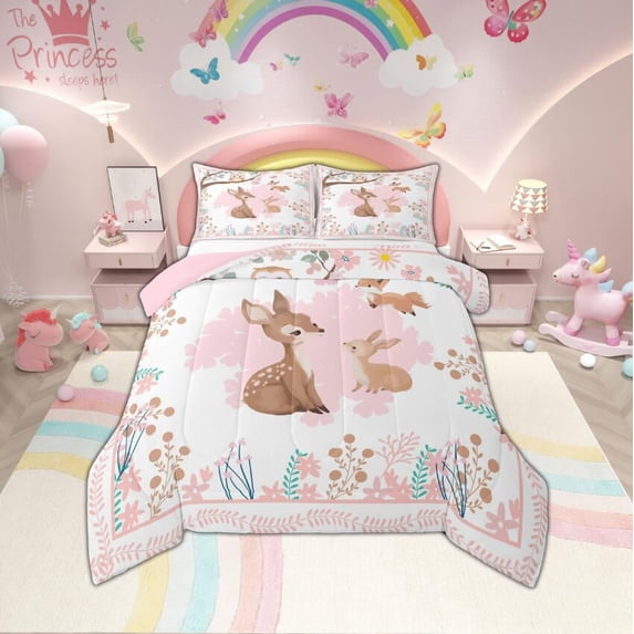 Manfei Deer Rabbit Squirrel Queen Comforter Set, Cute Jungle Wildlife Bedding Sets, Pink Florals Leaves Bedding Comforter Set, Microfiber Bedroom Decor, Reversible 3-Piece