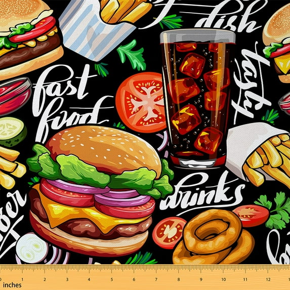 Manfei Delicious Fast Food Sewing & Crafting Fabric (1 Yard) for Kids, Hamburger French Fries Home Decor Fabric by the Yard, Drinks Juice DIY Fabric