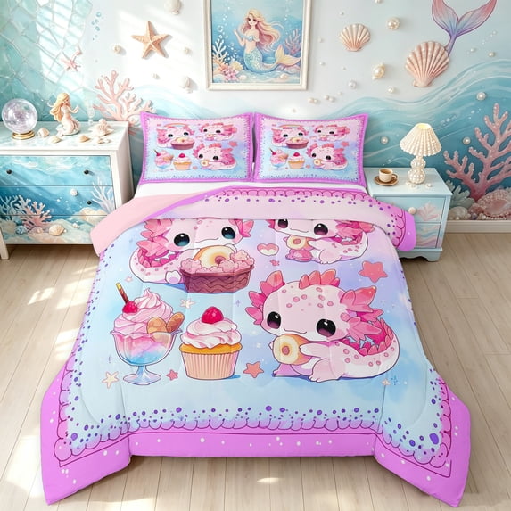 Manfei Dessert Axolotl Full Size Comforter Sets, Sweet Cake Bedding Comforter Set, Pink Blue, Pink Reversible, 3 Pieces, 1 Comforter and 2 Pillowcases