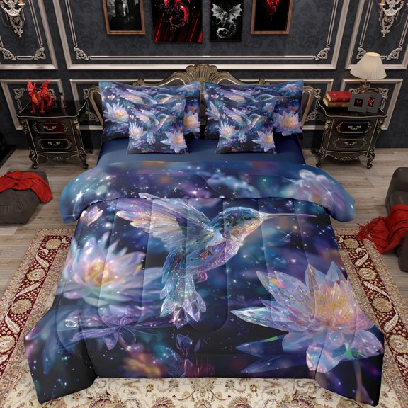Manfei Diamond Hummingbird 7-Piece Bedding Comforter Set, Dreamy Animal King Bedding Sets, Glitter Crystal Lotus Reversible Bed Sheets, Luxury Bedroom Decor