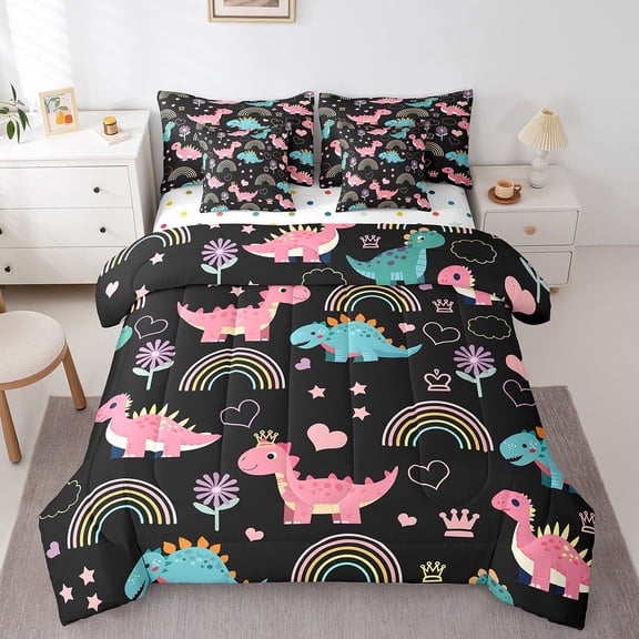 Manfei Dinosaur Animal Child Bedding Comforter Set 7 Pieces, Dreamy Rainbow Full Bedding Set, Cartoon Theme Reversible Fitted Sheet Flat Sheet, Luxury Bedroom Decor