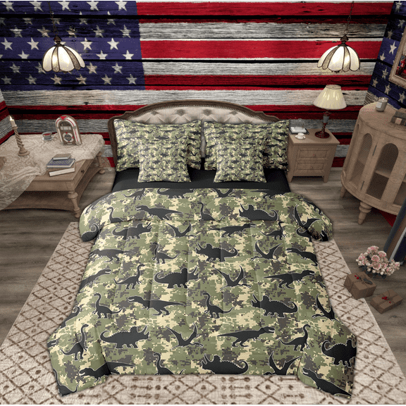 Manfei Dinosaur Print Bed in a Bag Twin size, Camouflage Bedding Sets Twin Size, Theme Reversible Bedding Twin Size, Super Cozy Room Decorative, 7 Pieces