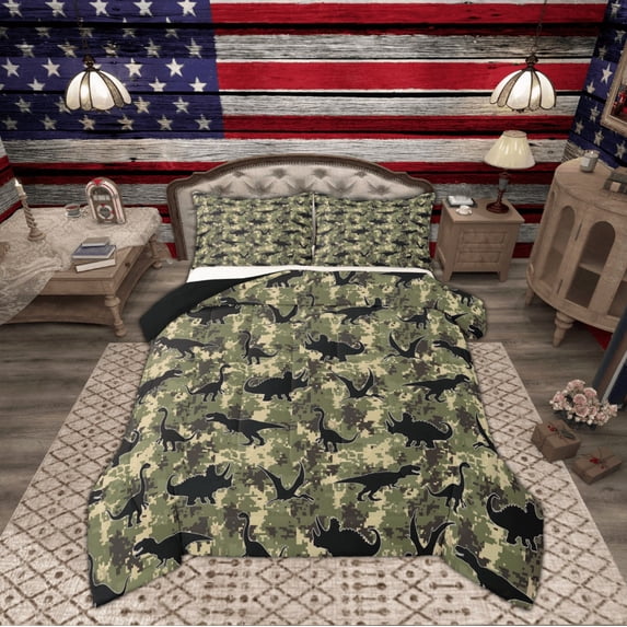 Manfei Dinosaur Print Bedding Sets Full with Comforter, Camouflage Duvet Insert, Theme Reversible Comforter Sets Full Size, Super Cozy Room Decorative, 3 Pieces