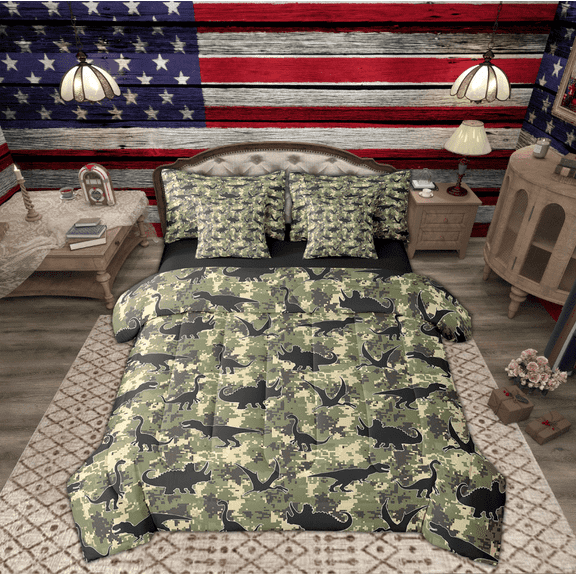 Manfei Dinosaur Print Bedding Sets Queen Size, Camouflage Bed in a Bag Queen size, Theme Reversible Comforter Sets with Sheets, Super Cozy Room Decorative, 7 Pieces