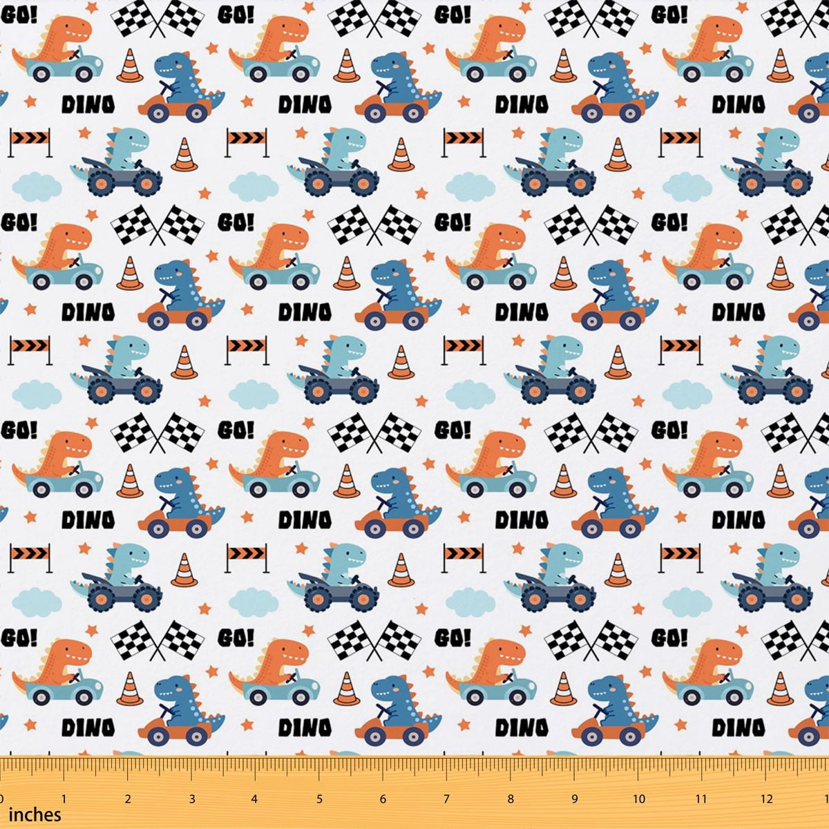 Manfei Dinosaur Race Fabric by the Yard 1 Yard, Checkered Flag Home ...