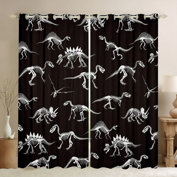 Manfei Dinosaur Skeleton Black Out Curtains,Dino Skull Curtains Pack of 2 (42x63 Each),White Black Bedroom Curtains For Boys Kids,Ultra Soft Home Decor