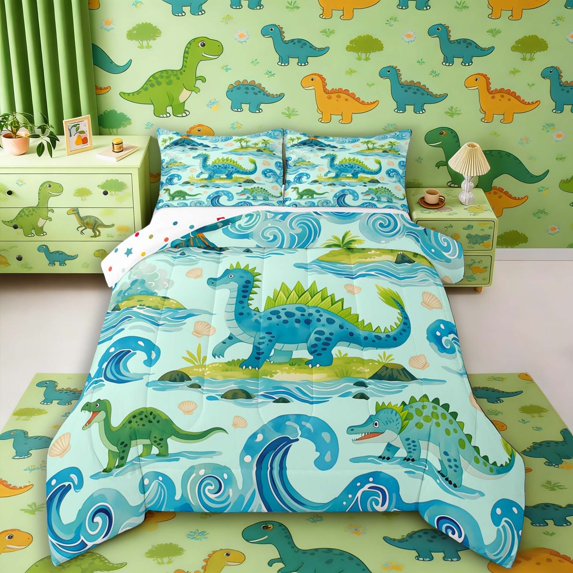 Manfei Dinosaur Wildlife Queen Comforter Set,Retro Ocean Wave Island Comforter Sets Queen,Blue Green,Polkadot Reversible,3-Piece,1 Comforter and 2 Pillowcases