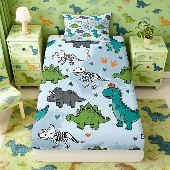 Manfei Dinosaur Wildlife Twin Fitted Sheet,Retro Stars Heart Paw Print Bedding,Blue Gray,2-Piece,1 Fitted Sheet and 1 Pillowcase