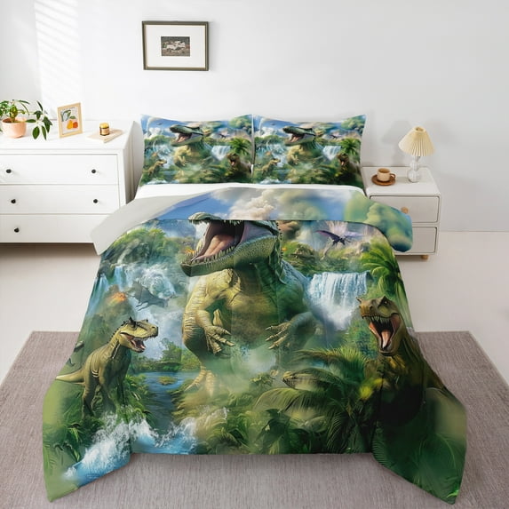 Manfei Dinsaur King Size Comforter Sets,Wild Animal Bedding Comforter Set,Tropical Botanical Monstera Bedding Set For Boys Kids,Ultra Soft Home Decor Reversible,3 Pieces