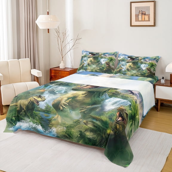 Manfei dinosaur Twin Sheet Sets,Wild Animal Twin Fitted Sheet,Tropical Botanical Monstera Flat Sheet For Boys Kids,Ultra Soft Home Decor,3 Pieces